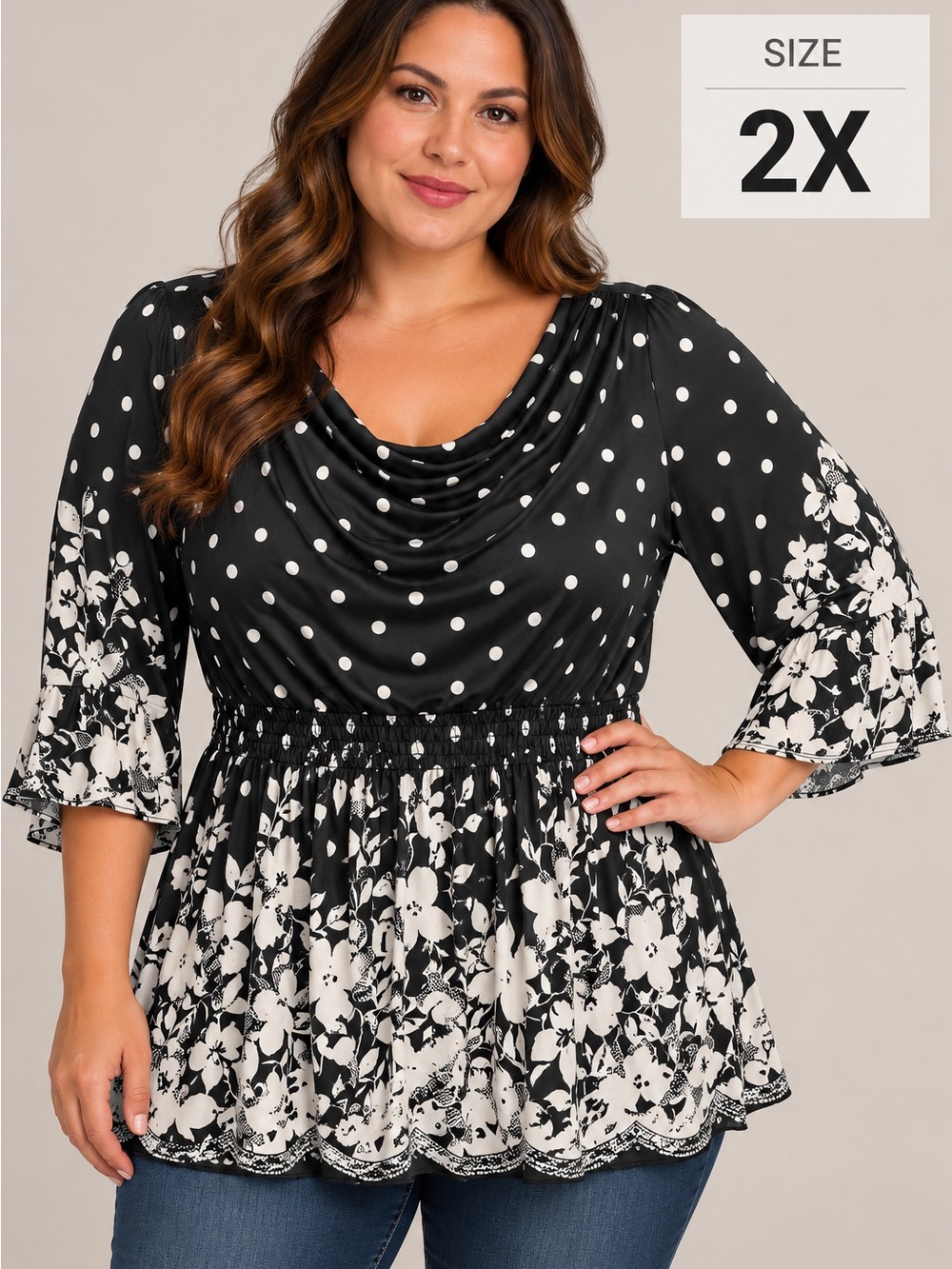 ACE FASHION Women's Black & White Polka Dot Cowl-Neck Floral Blouse SIZE 2X